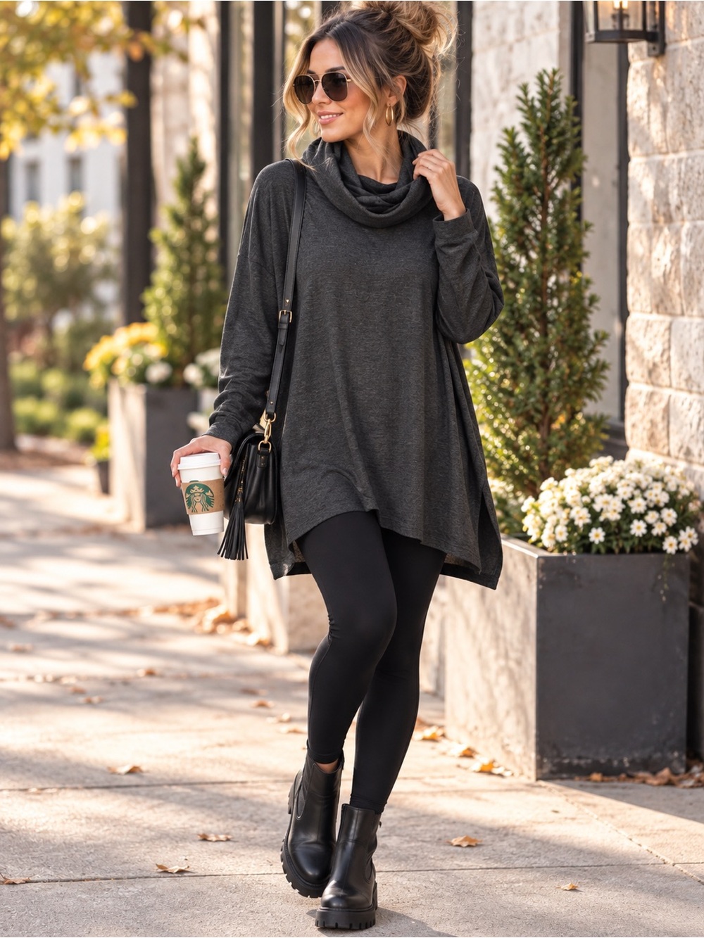 Zenana Outfitters Charcoal Cowl Neck Tunic Sweater